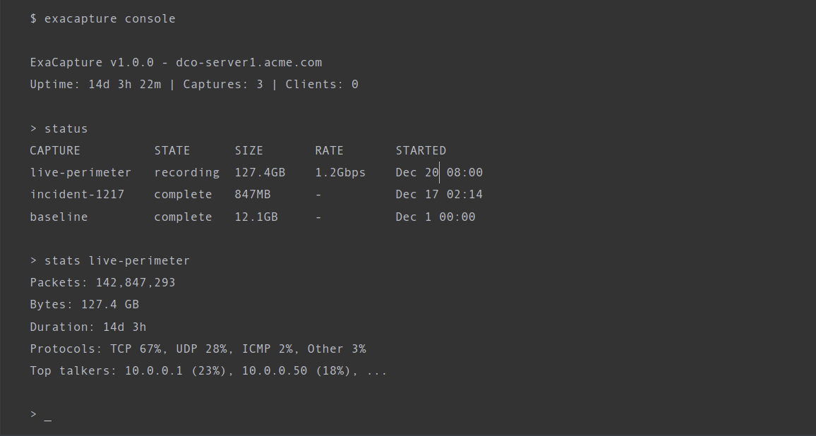 ExaCapture console showing capture status, statistics, and management commands