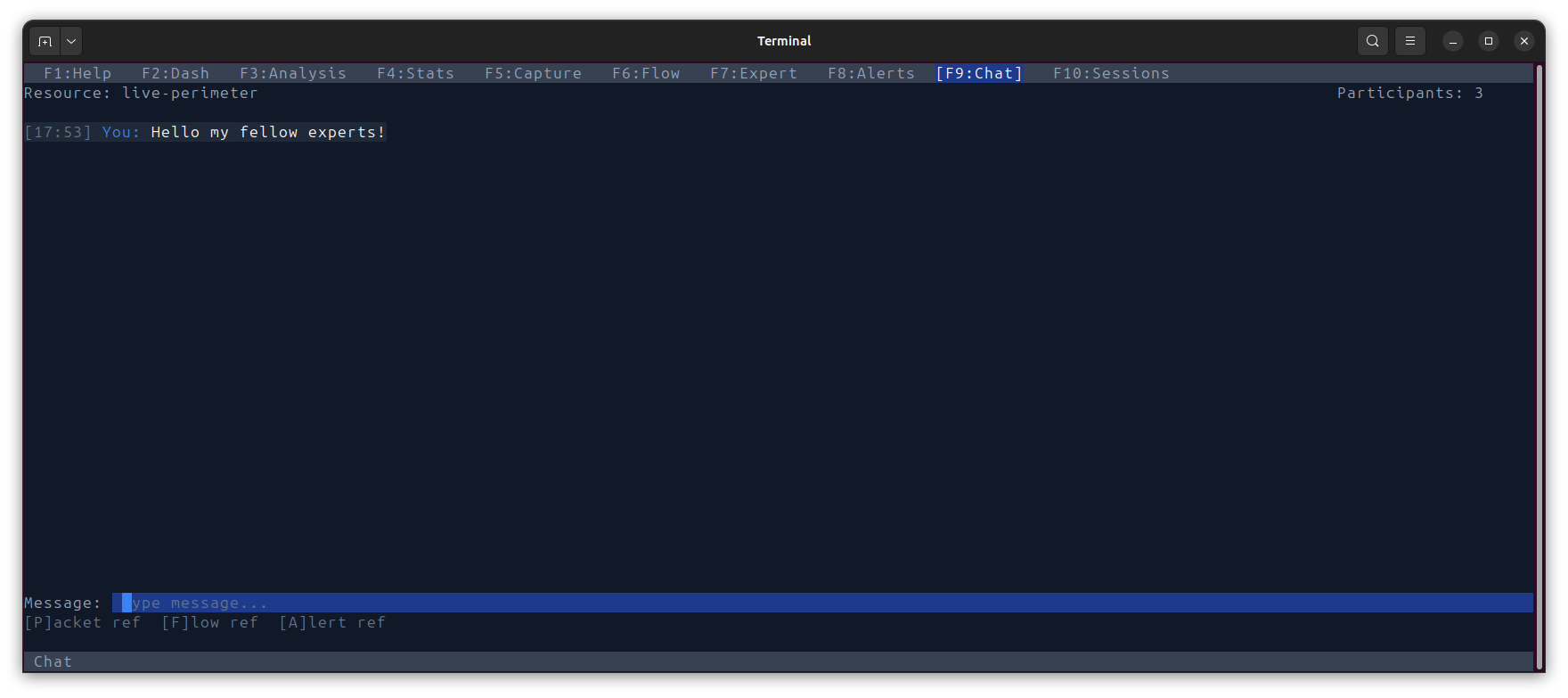 ExaViewer terminal TUI chat showing multi-analyst collaboration with packet, flow, and alert references