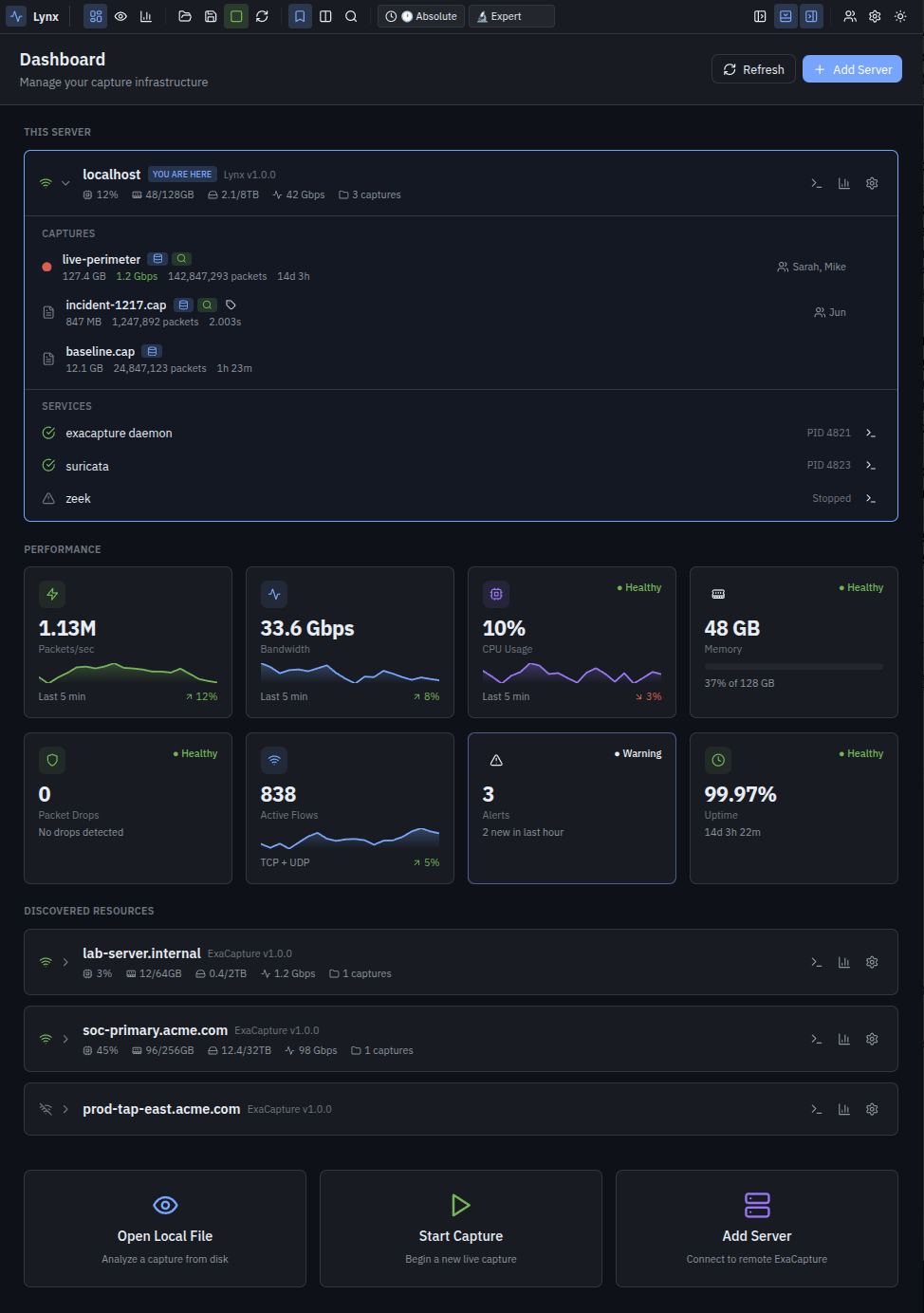 Lynx dashboard showing capture infrastructure, performance metrics, discovered servers, and Suricata/Zeek integration